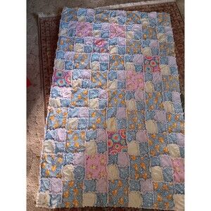 Hand Made Rag Quilt 78"x60" Twin/Double Light Blue with Yellow Ducks